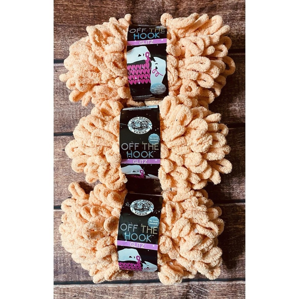 Lion Brand Yarn Off The Hook Glitz (Color 184) Peach 3 Skeins 3.3 oz New